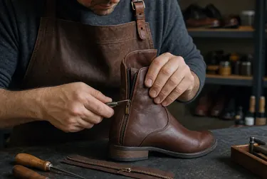Sapateiro consertando zíper de bota em Juazeiro do Norte.